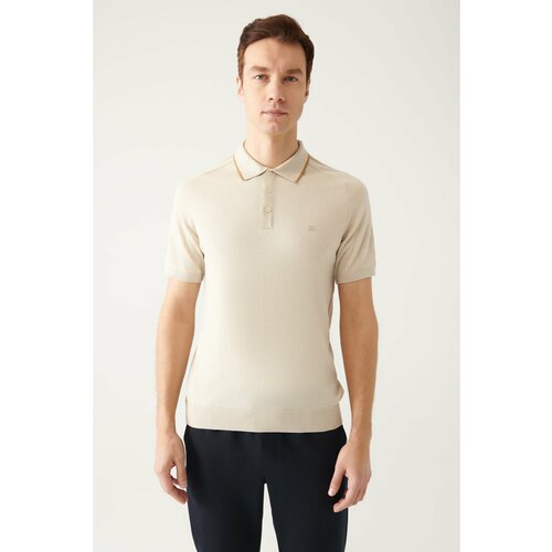 Avva Men's Beige Polo Neck Stripe Detailed Shoulder Ribbed Standard Fit Regular Cut Knitwear T-shirt Slike