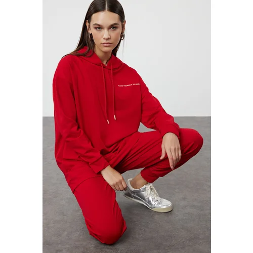 Trendyol Red Hooded Knitted Tracksuit Set with Print Detail