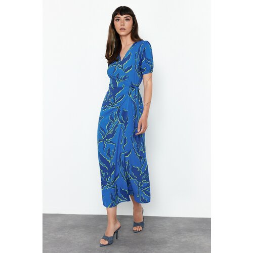 Trendyol Blue Floral Print Double-breasted Viscose Midi Woven Dress Cene