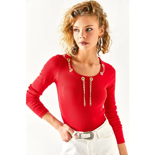 Olalook Women's Red Lycra Cotton Blouse with Eyelet Chain Detail