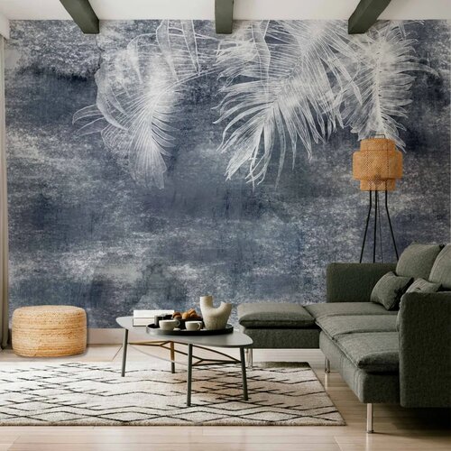  Foto tapeta - Abstraction with nature - exotic leaves on a blue background with pattern 343x256 Cijene