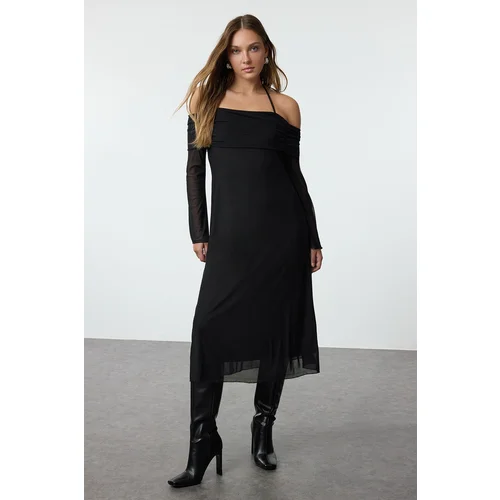 Trendyol Black Plain Tie Detail Midi Knit Dress