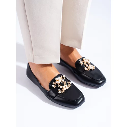 SHELOVET Black women's loafers with gold ornament
