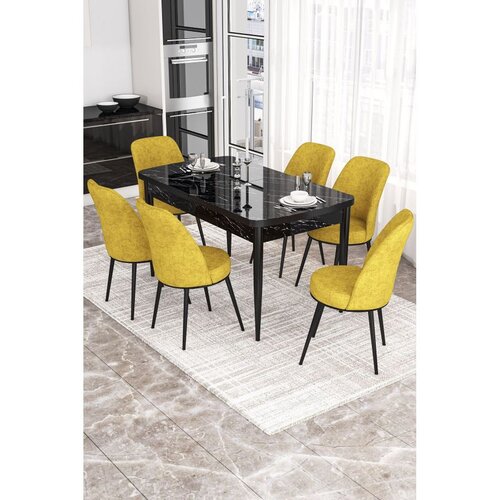 Hanah home trpezarijski set Via, sto na razvlačenje i 6 stolica, ploča u dekoru crnog mermera, senf žuta tkanina Jerry Cene