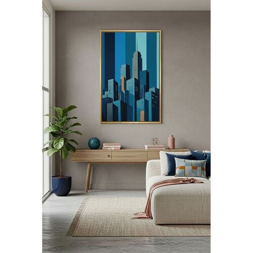 Wallxpert uramljena slika na platnu Huhu3111, stilizovani plavi neboderi grada na prugastoj pozadini, 70 x 100 cm Cene