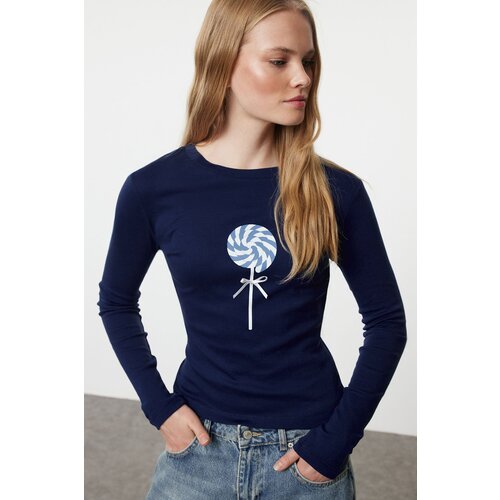 Trendyol Navy Blue Print and Bow Detailed Fitted Knitted Blouse Slike