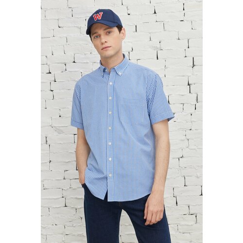 AC&Co / Altınyıldız Classics Men's Blue-white Comfort Fit Comfy Cut Buttoned Collar Cotton Gingham Short Sleeve Shirt. Cene