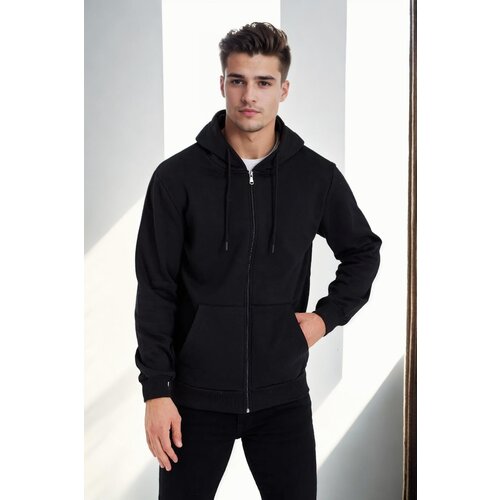 Dewberry 94090 Kangaroo Pocket Hooded Zipper Mens Sweatshirt-BLACK Slike