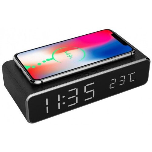 Gembird digitalni sat s funkcijama alarma i bežičnog punjenja, crne boje Slike