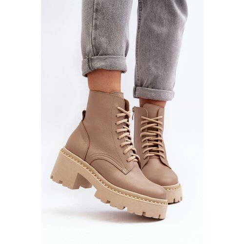 Zazoo 3413 Women&amp;#039;s Leather Ankle Boots with Chunky Heel Beige Slike