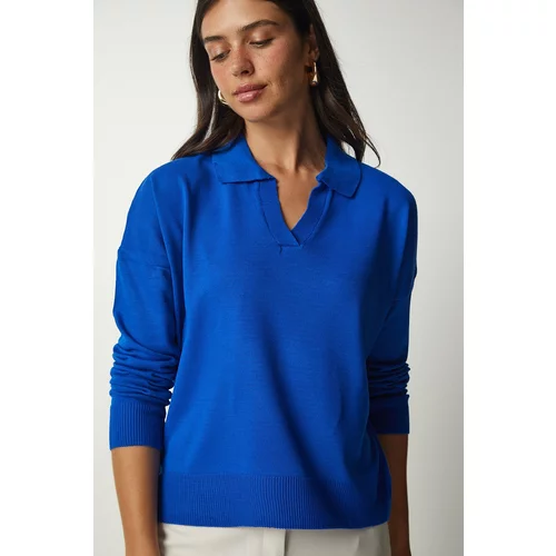 Happiness İstanbul Women's Blue Polo Collar Basic Sweater