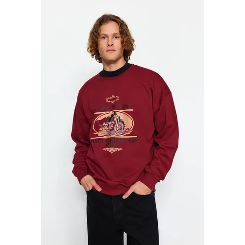 Trendyol Claret Red Men's Oversize/Wide Cut Motorcycle Printed Fleece Inner Sweatshirt