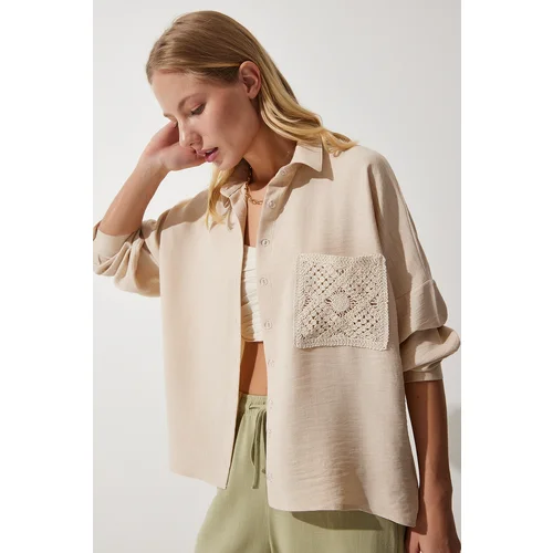  Women's Dark Beige Lace Detailed Linen Shirt