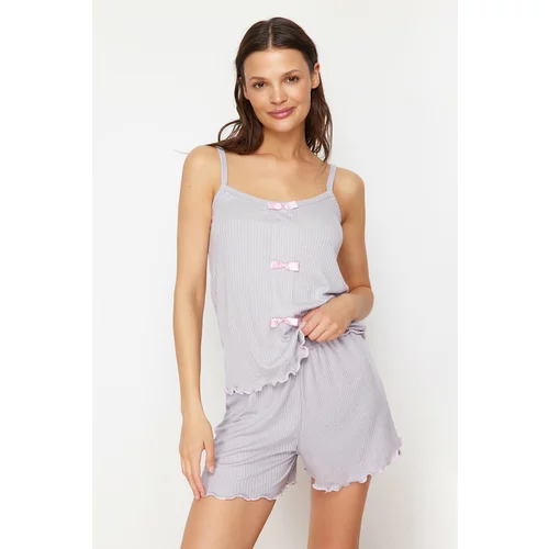 Trendyol Gray Ribbon Detailed Rope Strap Corded Knitted Pajama Set