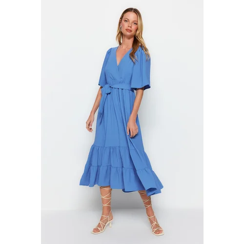 Trendyol Indigo Belted Woven Double Breasted Collar Back Detailed Midi Woven Dress