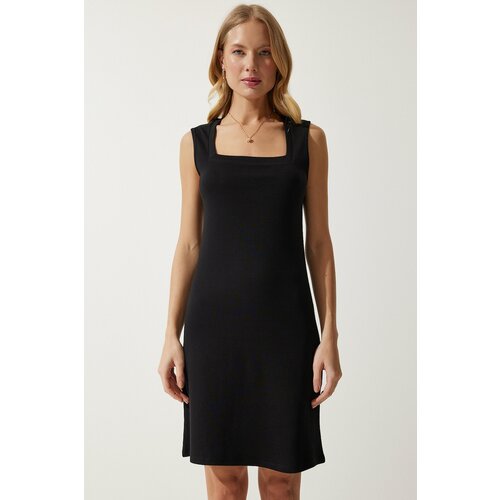 Happiness İstanbul Women's Black Square Neck Thick Strap Knitted Dress Cene