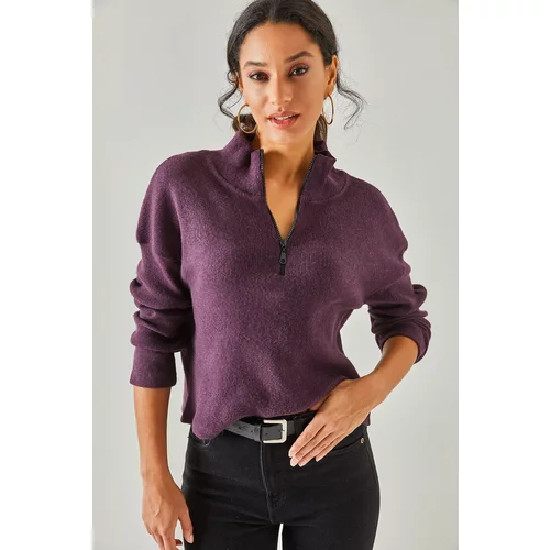 Olalook Women's Plum Zipper Stand-Up Collar Rack Sweater