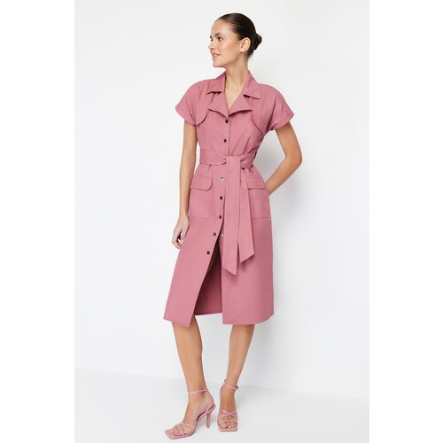 Trendyol Pale Pink Belted Pocket Gabardine Shirt Midi Woven Dress Slike