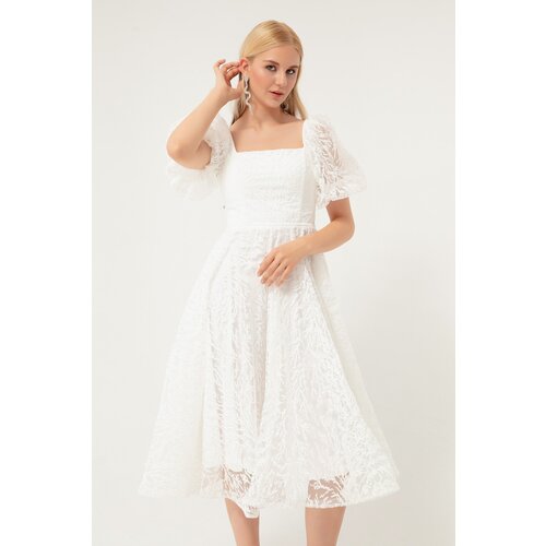 Lafaba Women's White Balloon Sleeve Glittery Midi Evening Dress Cene