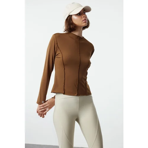 Trendyol Brown Micro Ruffle Stitching and Reflective Print Detailed Sports Knitted Top/Blouse