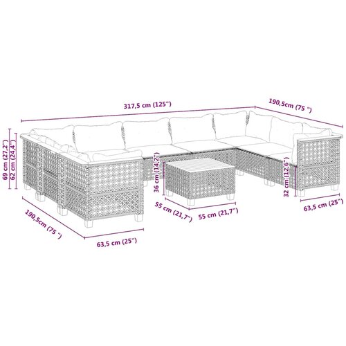  10-dijelni set vrtnih sofa s jastucima bež od poliratana 55 x 55 x 36 cm Slike