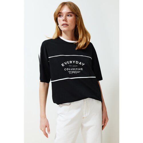 Trendyol Black 100% Cotton Color Block Slogan Oversize/Wide Fit Knitted T-Shirt Cene