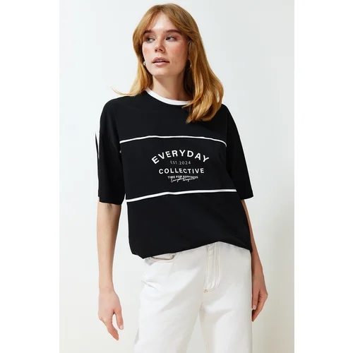 Trendyol Black 100% Cotton Color Block Slogan Oversize/Wide Fit Knitted T-Shirt