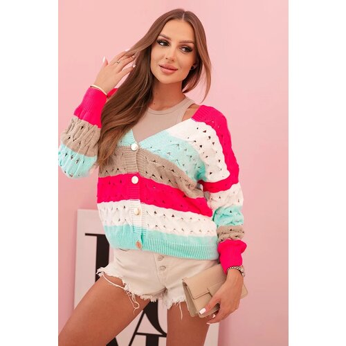 Kesi Włoski Women&amp;#039;s striped openwork sweater with V-neck fuchsia + fango Slike