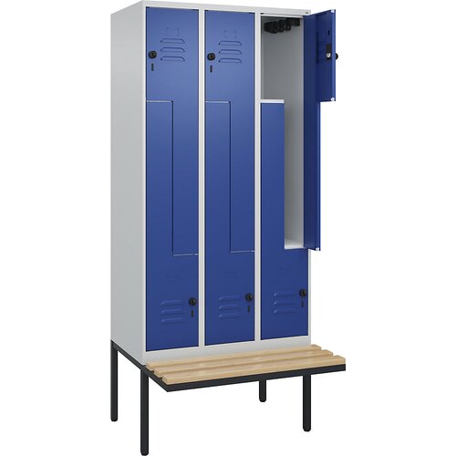 C+P Garderobna Z-omara s klopjo Classic PLUS, 3 deli, svetlo sive / encijan modre barve, Š 900 mm, varnostni vrtljivi zapah, lebdeča klop, bukov les Cene