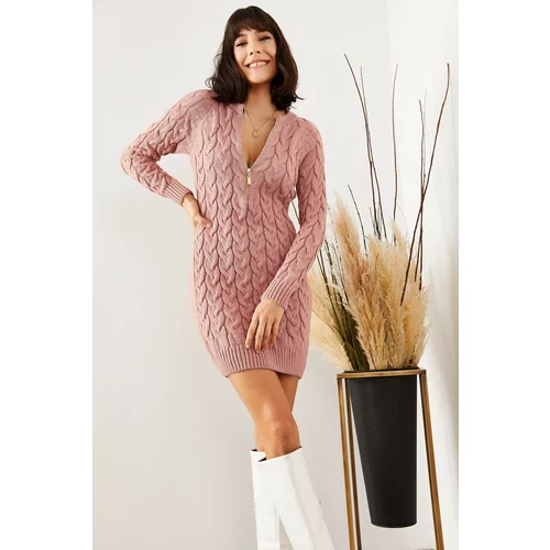 Olalook Women's Dry Rose Sweater with Zipper and Braids Dress