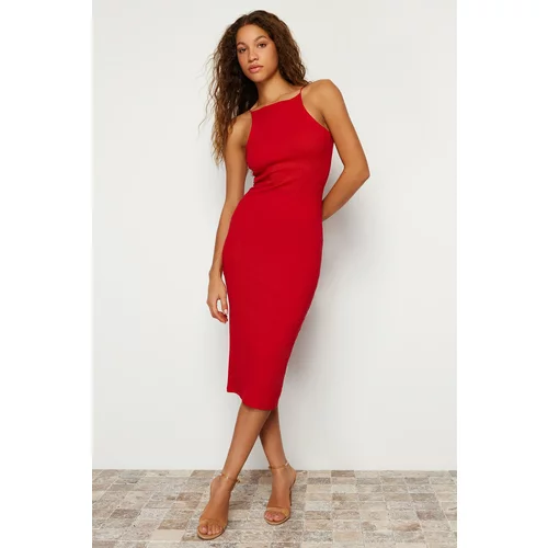 Trendyol Red Fitted Halter Neck Ribbed Midi Stretchy Knitted Midi Dress