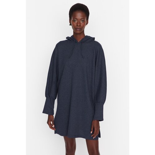 Trendyol Indigo Slit Detailed Hooded Knitted Waffle Dress Slike