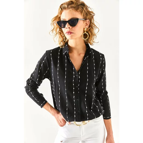 Olalook Women's Black Flared Linen Shirt with Stitching Detail