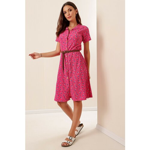 By Saygı Mini Floral Short Sleeve Seekers Dress with a Belt and Buttons in the Front Fuchsia Slike