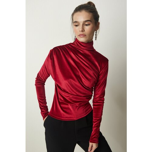 Happiness İstanbul women's red gathered collar elegant velvet blouse Slike