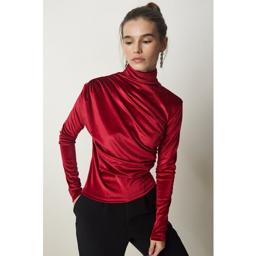  Women&amp;#039;s Red Gathered Collar Elegant Velvet Blouse Slike