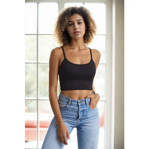 Dewberry 90499 Scuba Fabric Rope Strap Crop Top-BLACK