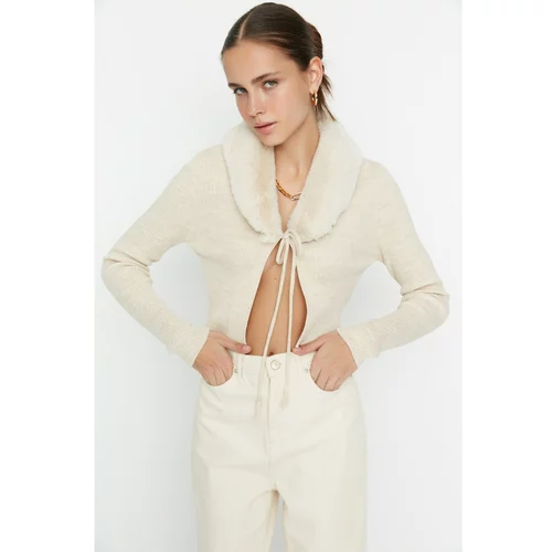 Trendyol Beige Fur Collar Detailed Knitwear Cardigan