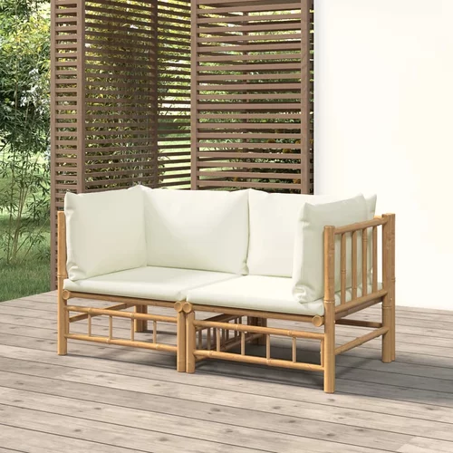 vidaXL Vrtni kotni kavč 2 kosa s kremno belimi blazinami bambus