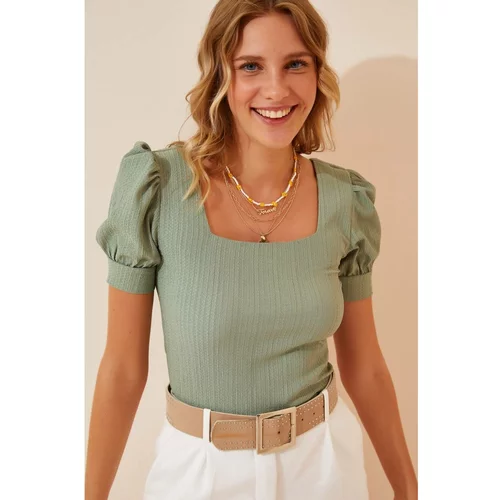 Happiness İstanbul Women's Green Square Collar Balloon Sleeve Knitted Blouse