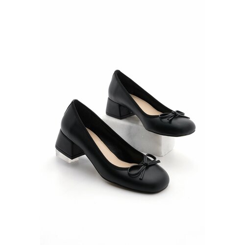 Marjin Women's Chunky Heel Bow Detail Flat Toe Classic Heeled Shoes Medve Black Slike