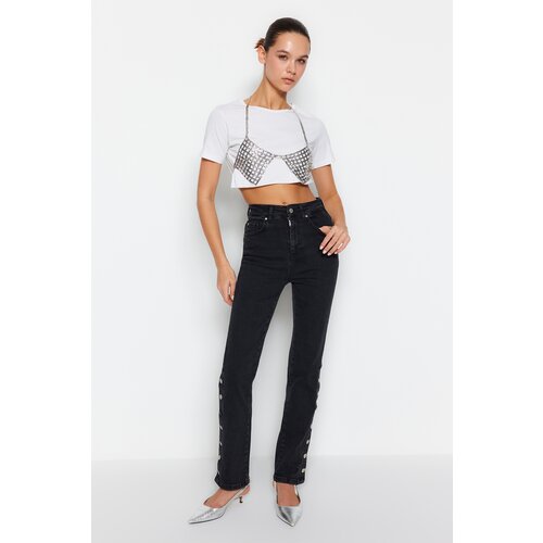 Trendyol Black Accessory Detailed High Waist Straight Jeans Slike