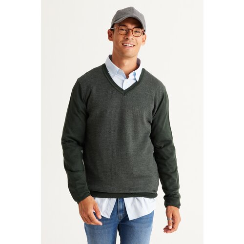 ALTINYILDIZ CLASSICS Men's Green-Grey Standard Fit Regular Fit V Neck Knitwear Sweater Slike