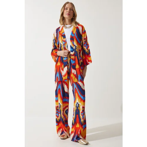  Women's Orange Patterned Kimono Palazzo Trousers Set