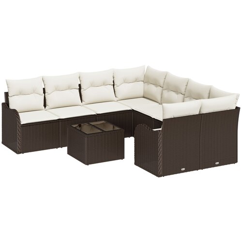 VidaXL 9-dijelni set sofa za vrt s jastučićima Smeđi Poli Ratan, 2-sjedalna sofa za vrt s jastučićima Smeđi Poli Ratan Slike