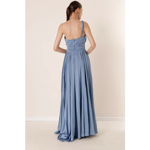 By Saygı Knitted Long Dress with Smocking at the Waist and Lined with a Slit INDIGO
