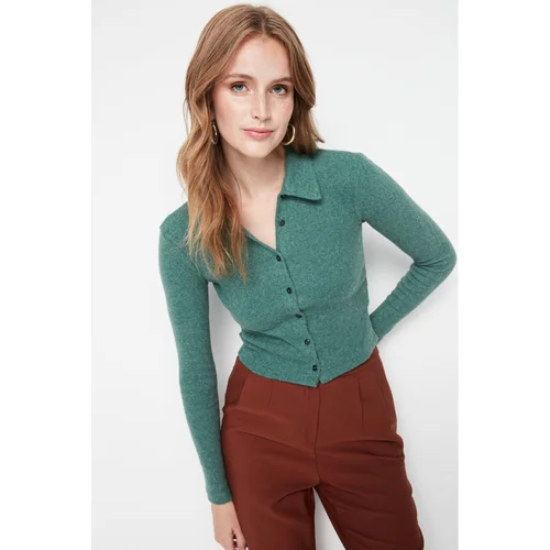 Trendyol Emerald Green Button Detailed Crop Knitted Blouse