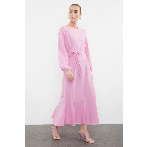 Trendyol Pink Belted Woven Cotton Dress