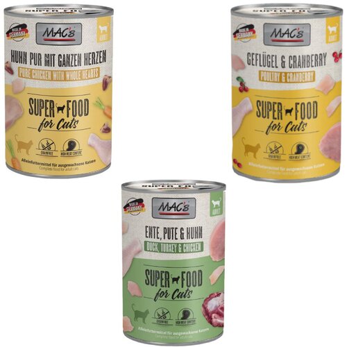  MAC&acute;s kombinirani paket 18 x 400 g mokra hrana - 6 x 400 g perad i brusnice + 6 x 400 g čista piletina s cijelim srcima peradi + 6 x 400 g pačetina, puretina, piletina Cijene