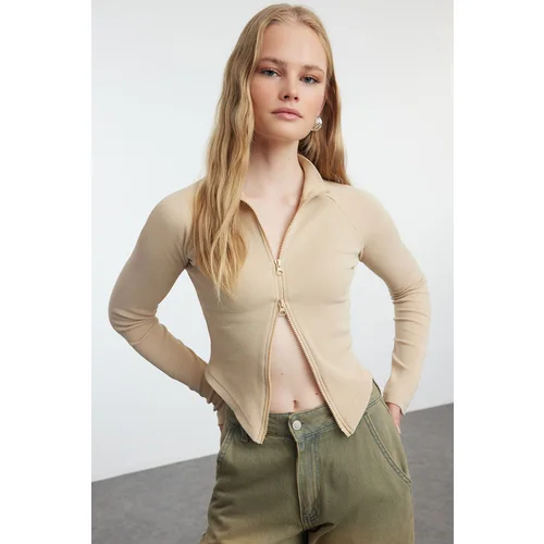 Trendyol Mink Washed Zippered Fitted Flexible Knitted Blouse